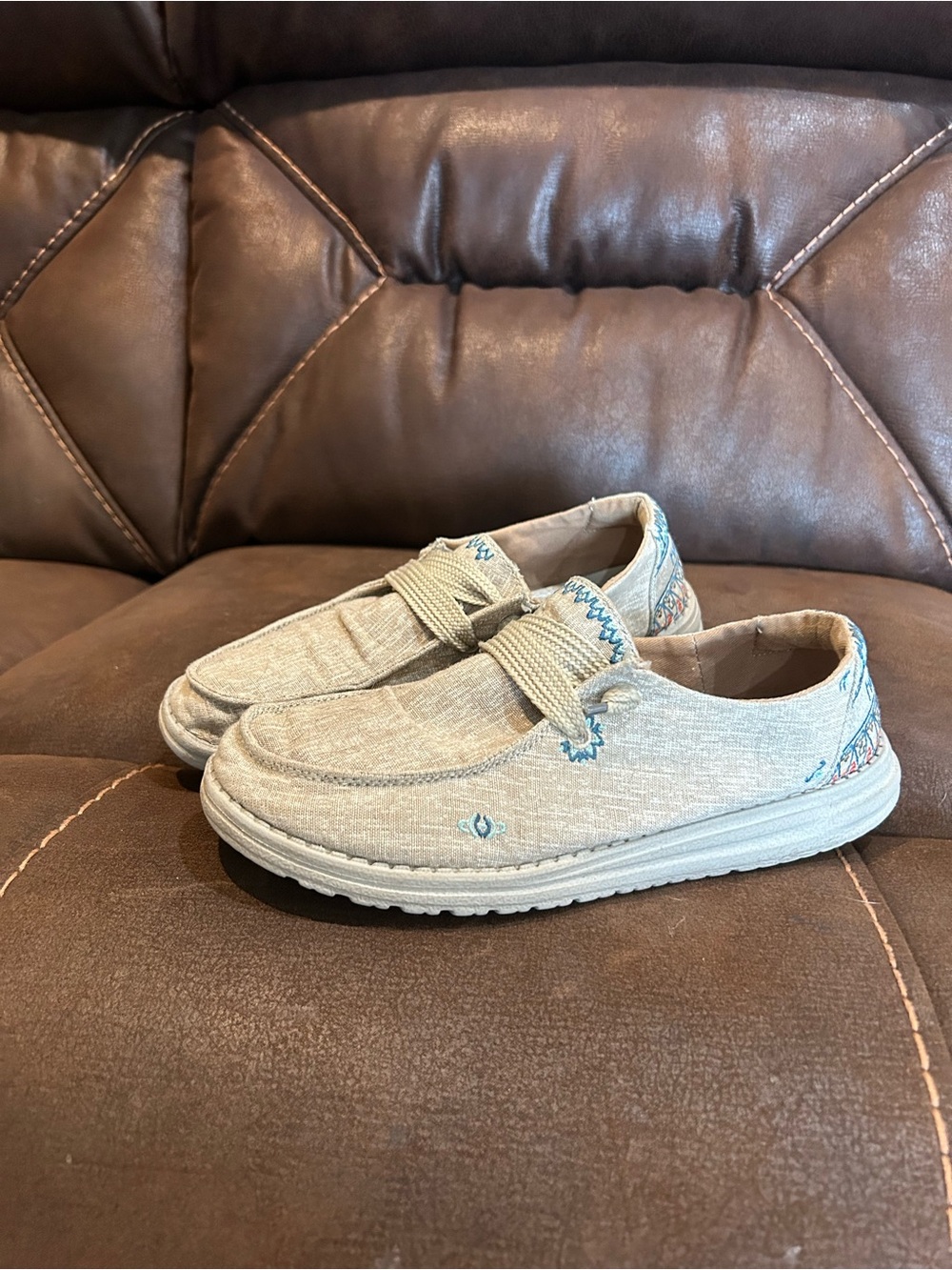 Hey Dude Women's Beige Canvas Slip-On Loafers with Blue Stitching